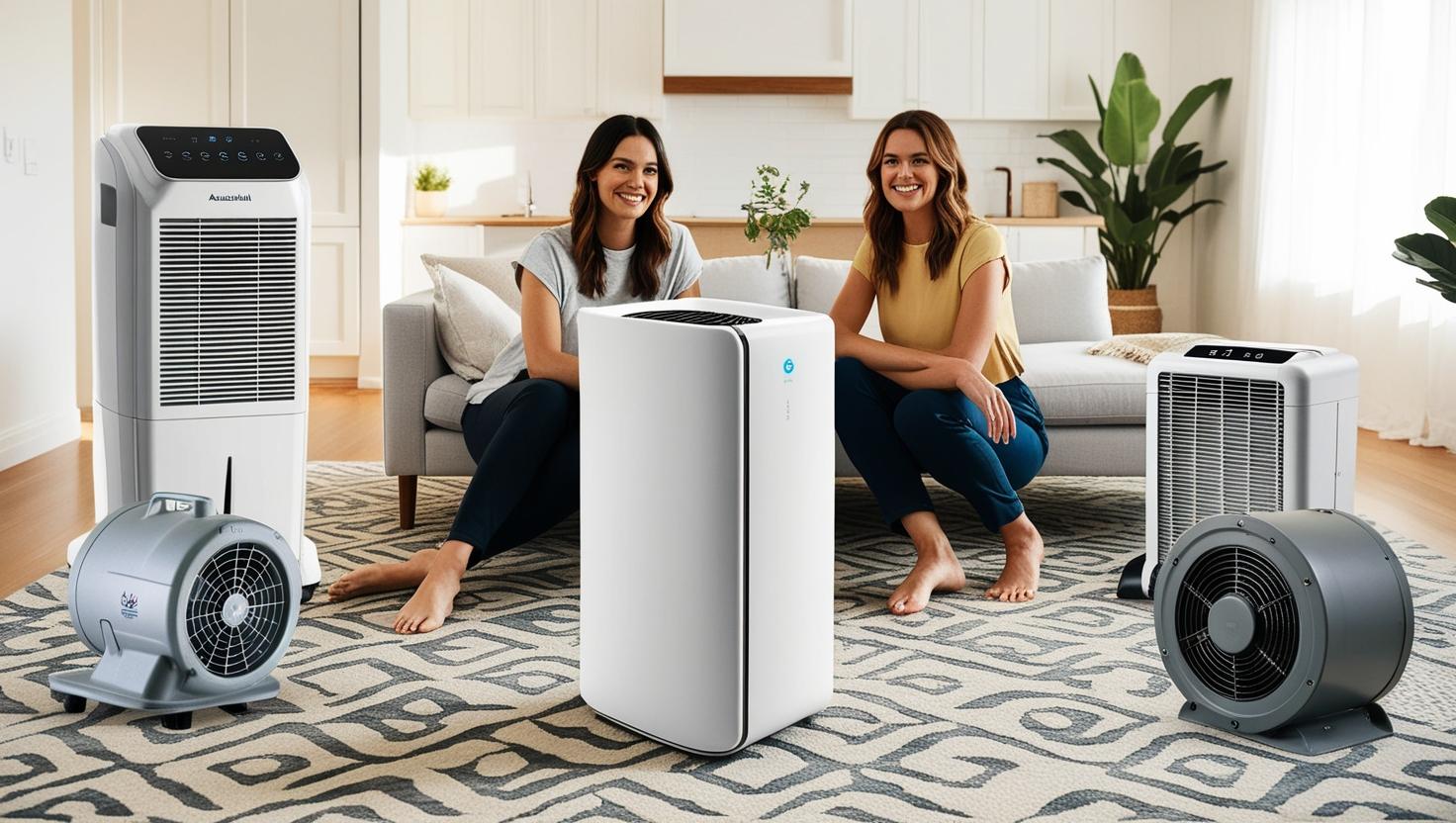 Home air purifiers and fans enhancing airflow and moisture regulation with two women sitting on sofa Home air purifiers and fans enhancing airflow and moisture regulation with two women sitting on sofa